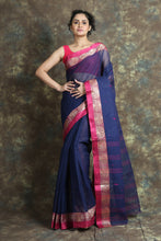 Load image into Gallery viewer, Navy Blue Handwoven Cotton Tant Saree
