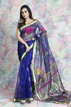 Load image into Gallery viewer, Blue Resham Saree With Allover Floral Design
