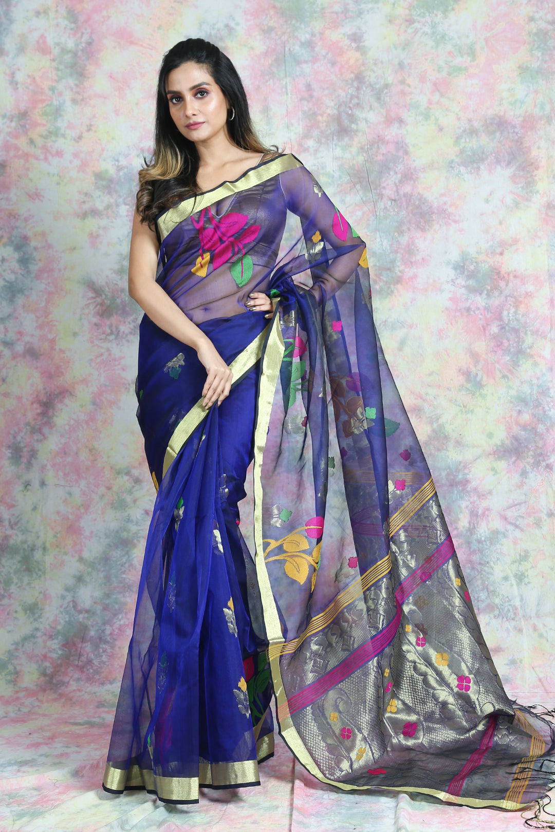 Blue Resham Saree With Allover Floral Design
