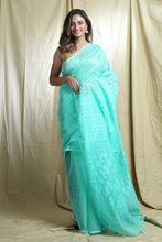 Load image into Gallery viewer, Sea Green Silk Cotton Handwoven Soft Saree With Allover Thread Weaving
