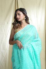 Load image into Gallery viewer, Sea Green Silk Cotton Handwoven Soft Saree With Allover Thread Weaving
