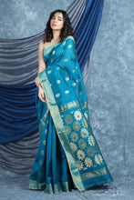 Load image into Gallery viewer, Teal Handloom Saree with Floral Pallu
