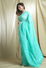 Load image into Gallery viewer, Sea Green Silk Cotton Handwoven Soft Saree With Allover Thread Weaving

