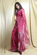 Load image into Gallery viewer, Magenta Silk Cotton Handwoven Soft Saree With Allover Copper Zari Weaving
