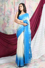 Load image into Gallery viewer, Off White Saree Sky Blue Border with Woven Pallu
