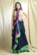Load image into Gallery viewer, Navy Blue Blended Cotton Handwoven Soft Saree With Allover Butta Woven
