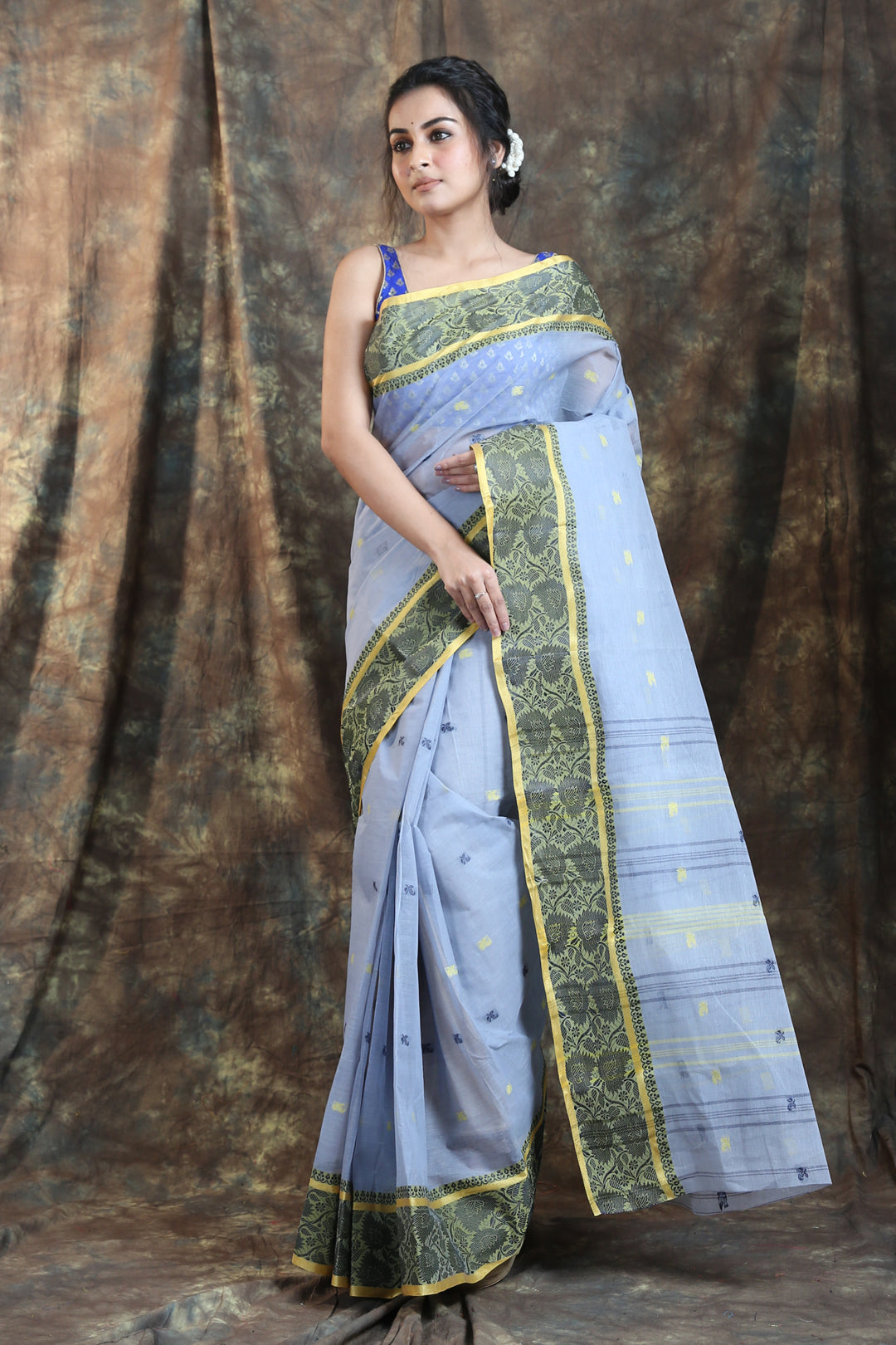 Steel Greay Handwoven Cotton Tant Saree