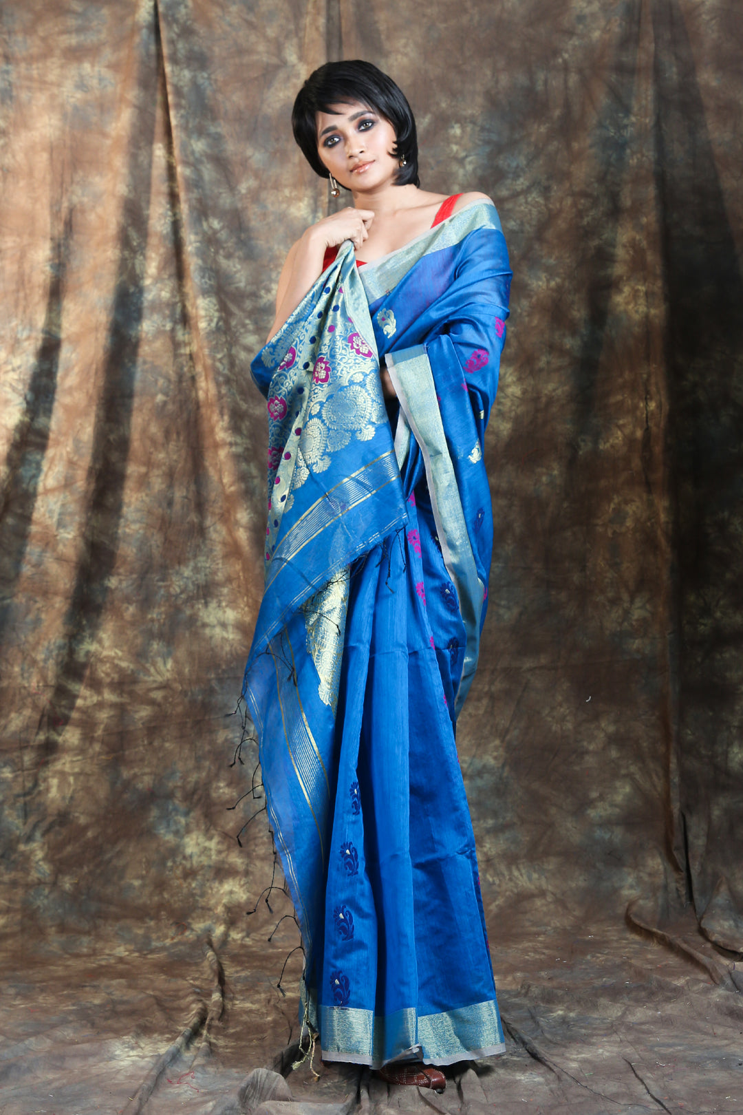 Berry Blue Cotton Handloom Saree With Weaving Motif - Dhunki fashion