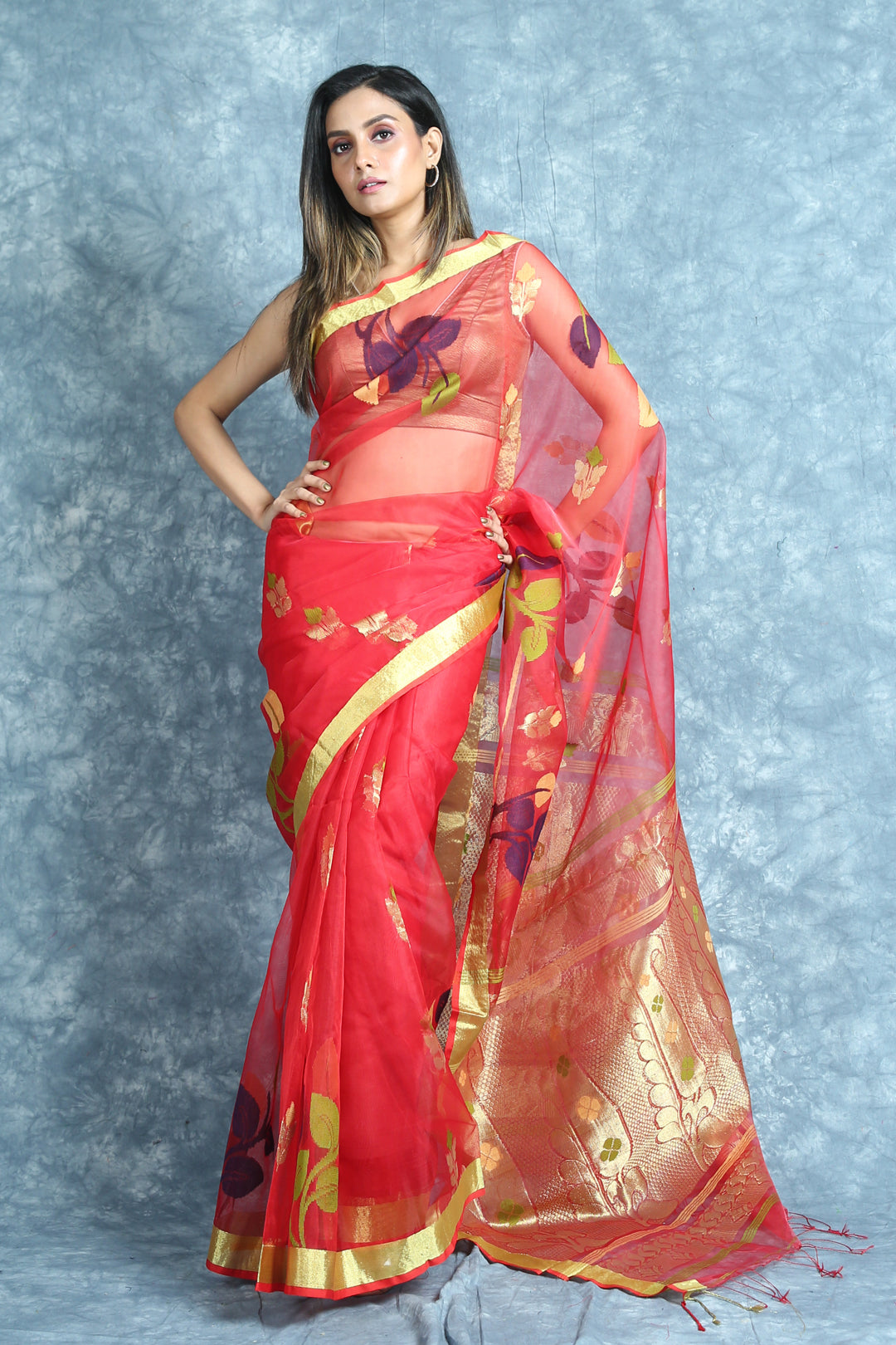 Red Resham Saree With Allover Floral Design