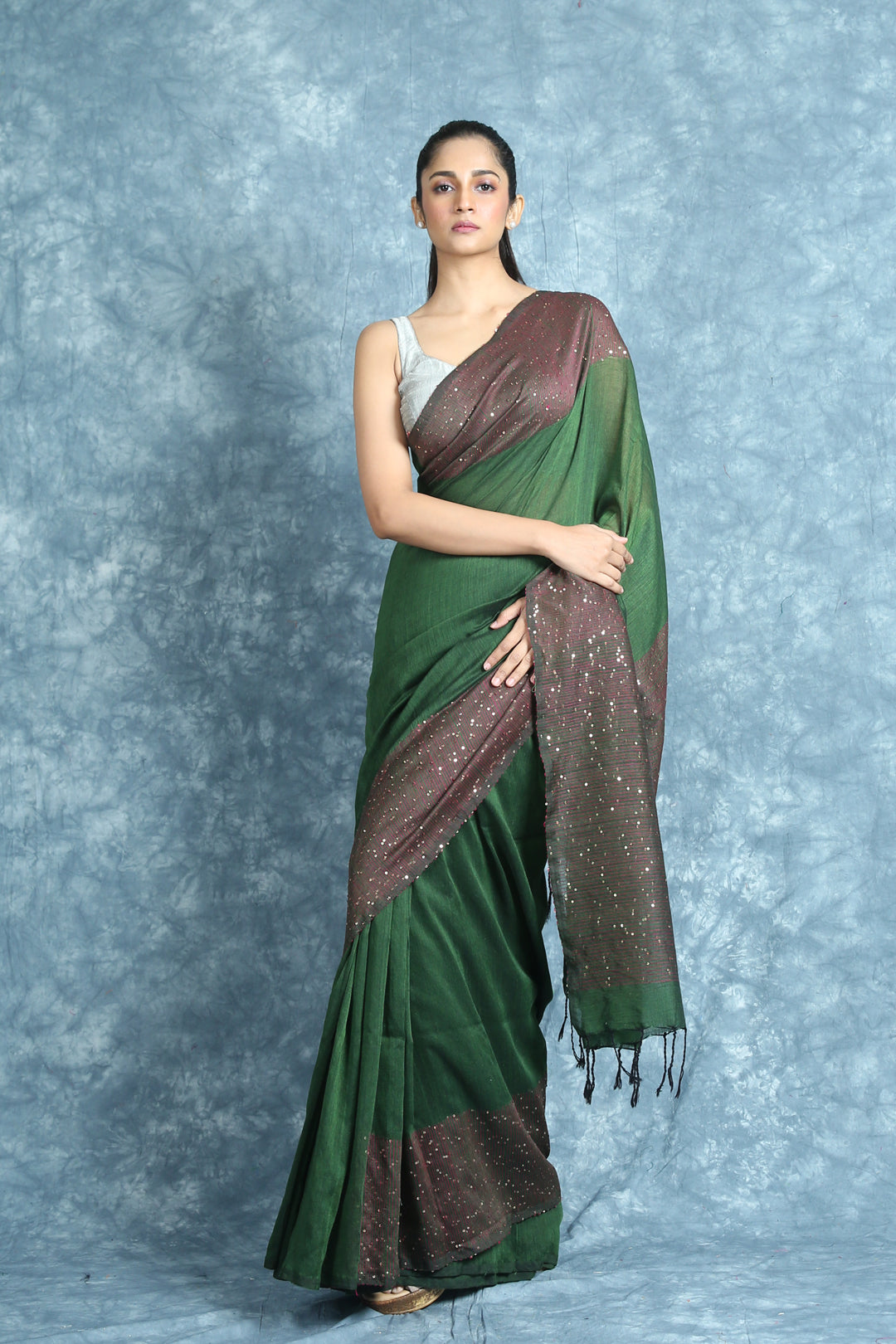 Green Handloom Saree With Border And Pallu Sequin