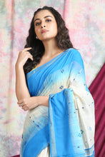 Load image into Gallery viewer, Off White Saree Sky Blue Border with Woven Pallu
