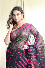 Load image into Gallery viewer, Black Silk Cotton Handwoven Soft Saree With Allover Copper Zari Weaving
