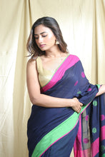 Load image into Gallery viewer, Navy Blue Blended Cotton Handwoven Soft Saree With Allover Butta Woven
