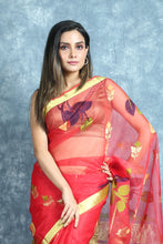 Load image into Gallery viewer, Red Resham Saree With Allover Floral Design
