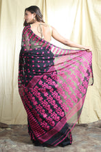 Load image into Gallery viewer, Black Silk Cotton Handwoven Soft Saree With Allover Copper Zari Weaving
