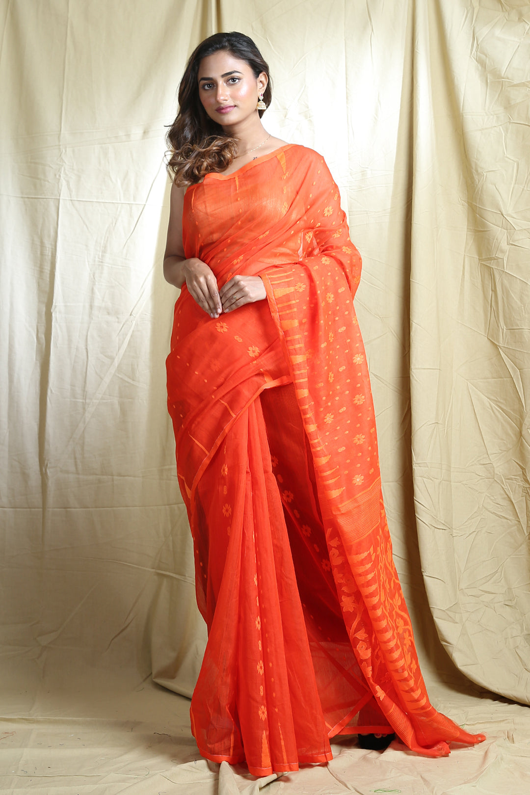 Orange Silk Cotton Handwoven Soft Saree With Allover Thread Weaving