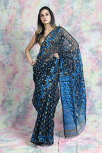 Load image into Gallery viewer, Black Jamdani  Saree With Blue Flower Butta
