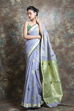 Load image into Gallery viewer, Grey Cotton Tissue Handwoven Soft Saree With Allover Leaf Design Woven

