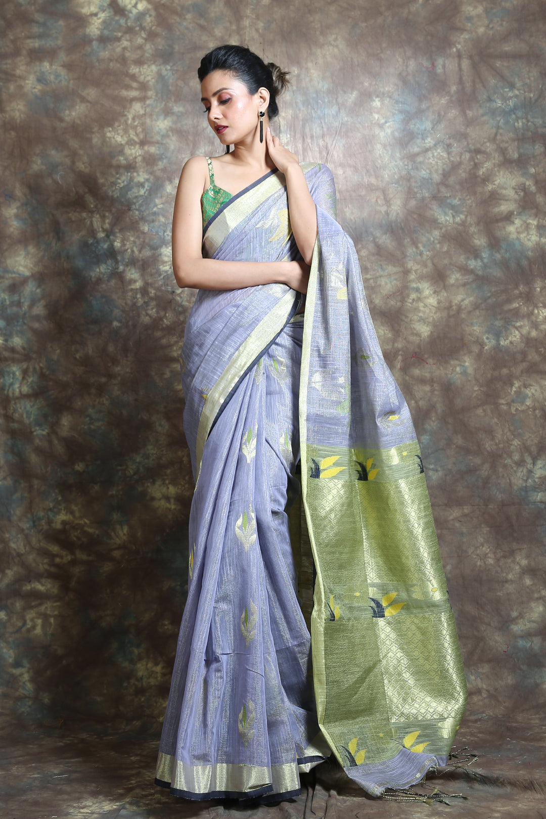 Grey Cotton Tissue Handwoven Soft Saree With Allover Leaf Design Woven