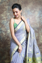 Load image into Gallery viewer, Grey Cotton Tissue Handwoven Soft Saree With Allover Leaf Design Woven

