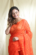 Load image into Gallery viewer, Orange Silk Cotton Handwoven Soft Saree With Allover Thread Weaving
