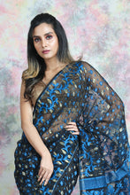 Load image into Gallery viewer, Black Jamdani  Saree With Blue Flower Butta
