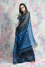 Load image into Gallery viewer, Black Jamdani  Saree With Blue Flower Butta
