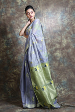 Load image into Gallery viewer, Grey Cotton Tissue Handwoven Soft Saree With Allover Leaf Design Woven
