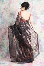Load image into Gallery viewer, Black Jamdani Saree With Allover Copper Zari Weaving

