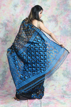 Load image into Gallery viewer, Black Jamdani  Saree With Blue Flower Butta
