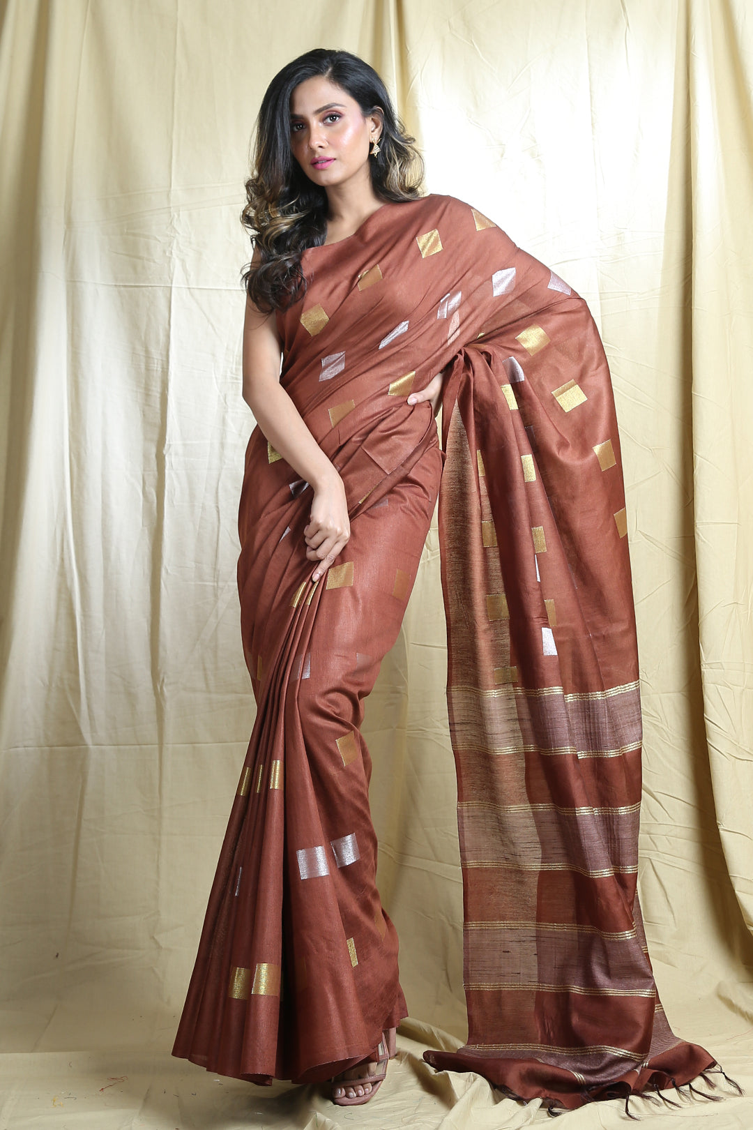 Brown Blended Silk Handwoven Soft Saree With Allover Zari Box Design