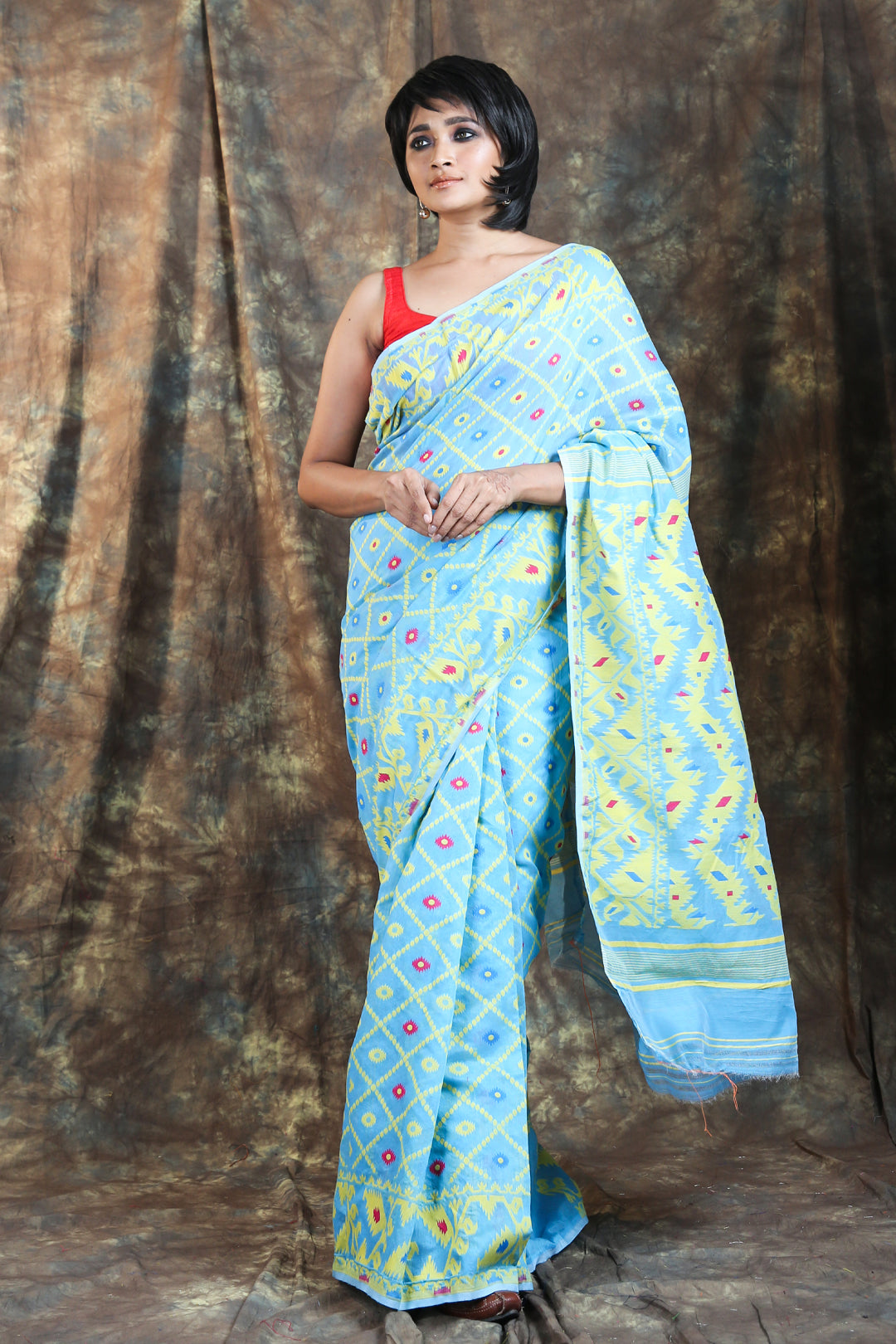 Sky Blue Jamdani Saree With Allover Weaving