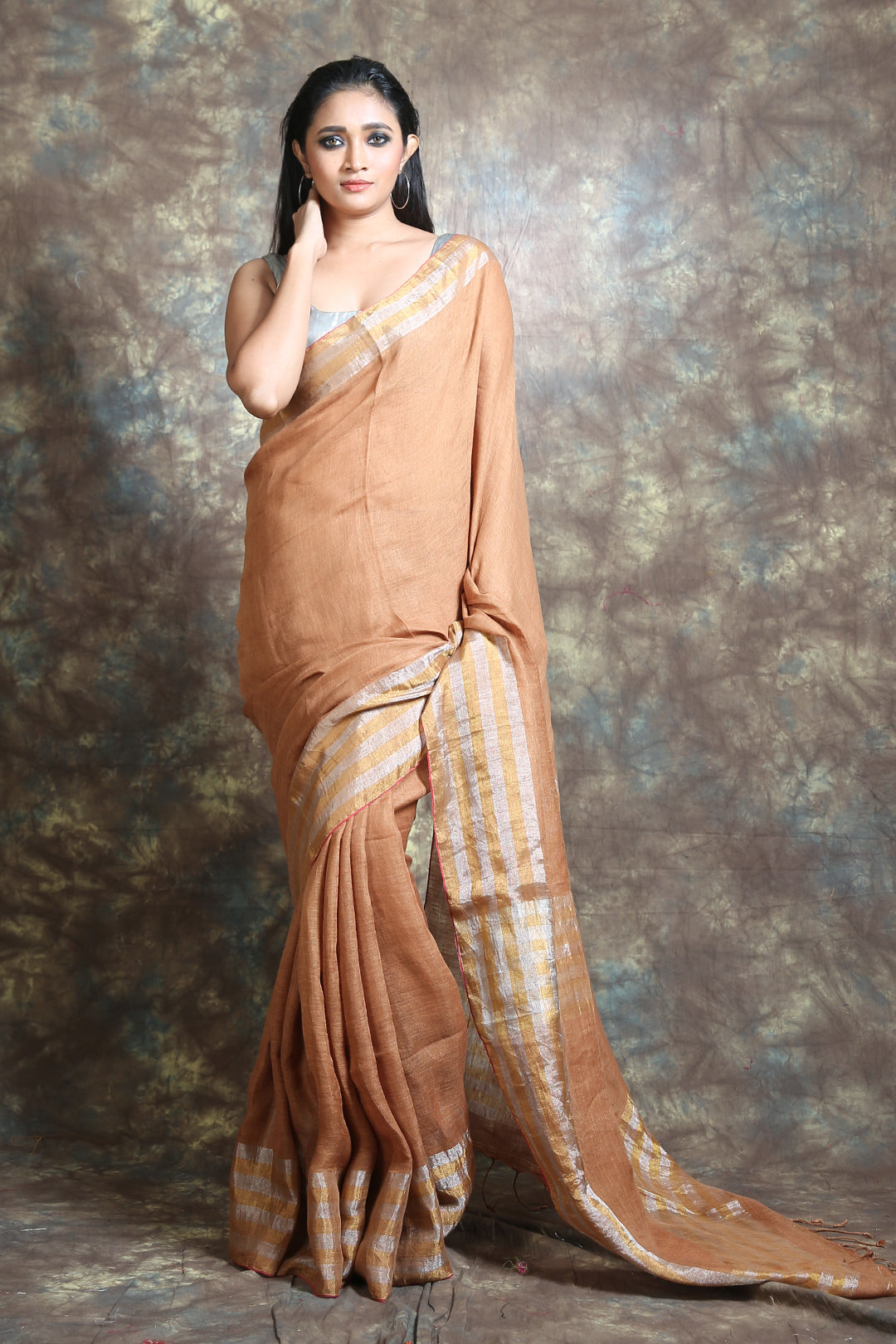 Brown Linen Handwoven Soft Saree With Dual Border
