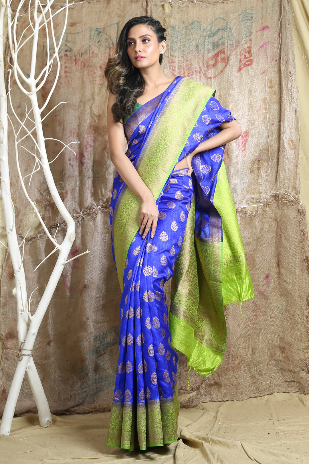 Blue Blended Silk Handwoven Soft Saree With Allover Copper Zari Leaf Design Woven