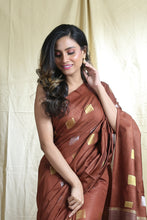 Load image into Gallery viewer, Brown Blended Silk Handwoven Soft Saree With Allover Zari Box Design
