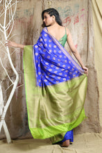 Load image into Gallery viewer, Blue Blended Silk Handwoven Soft Saree With Allover Copper Zari Leaf Design Woven
