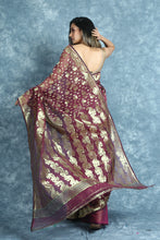 Load image into Gallery viewer, Wine Jamdani Saree With Allover Silver Zari Weaving
