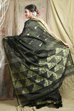 Load image into Gallery viewer, Black Cotton Tissue Handwoven Soft Saree With Allover Zari Woven
