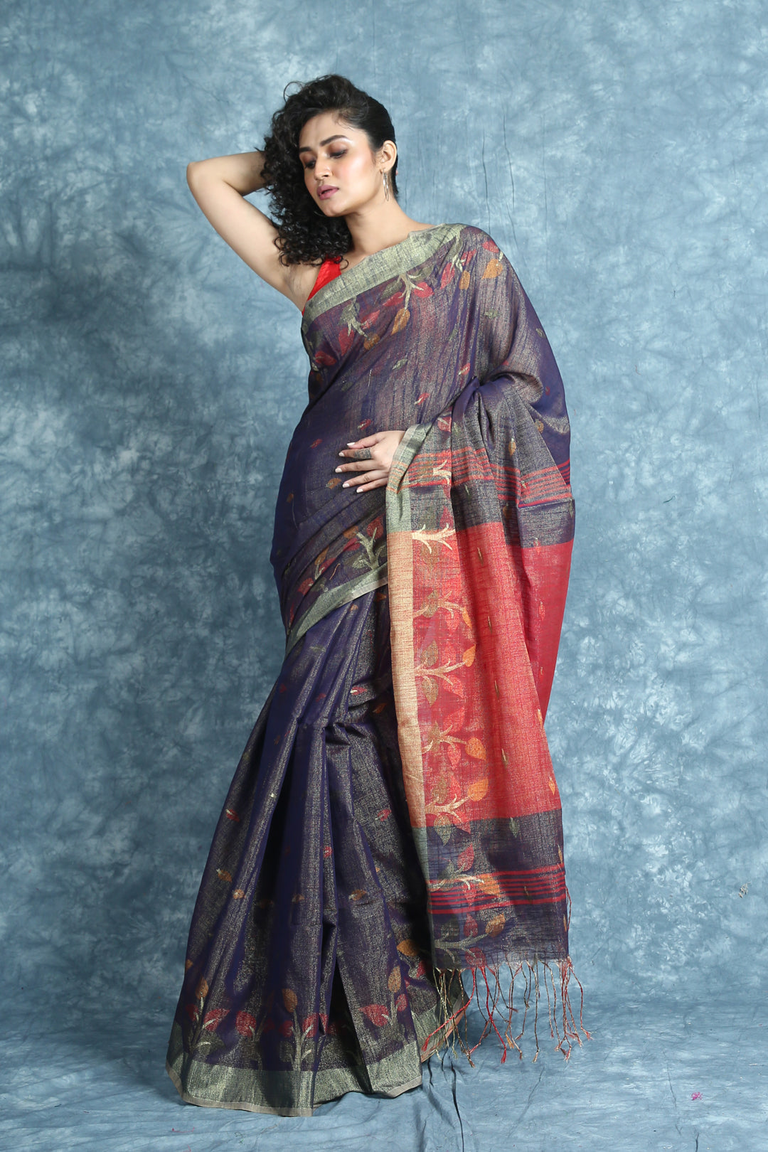 Navy Blue Tissue Saree With Allover Zari Weaving & Red Pallu