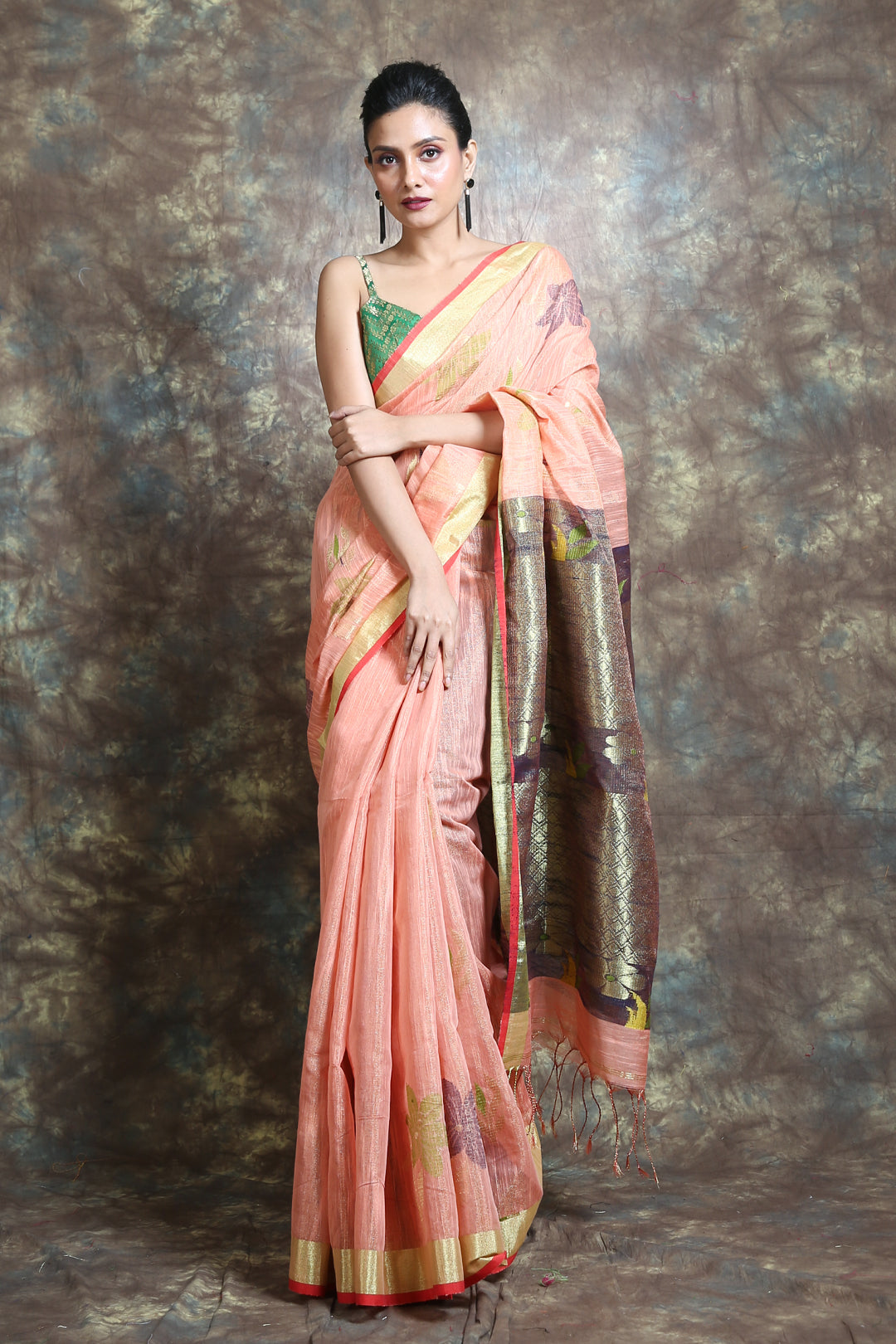 Peach Cotton Tissue Handwoven Soft Saree With Allover Flower Zari Weaving