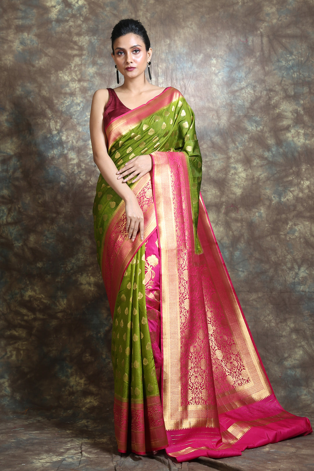 Green & Magenta Half & Hlaf Silk Saree