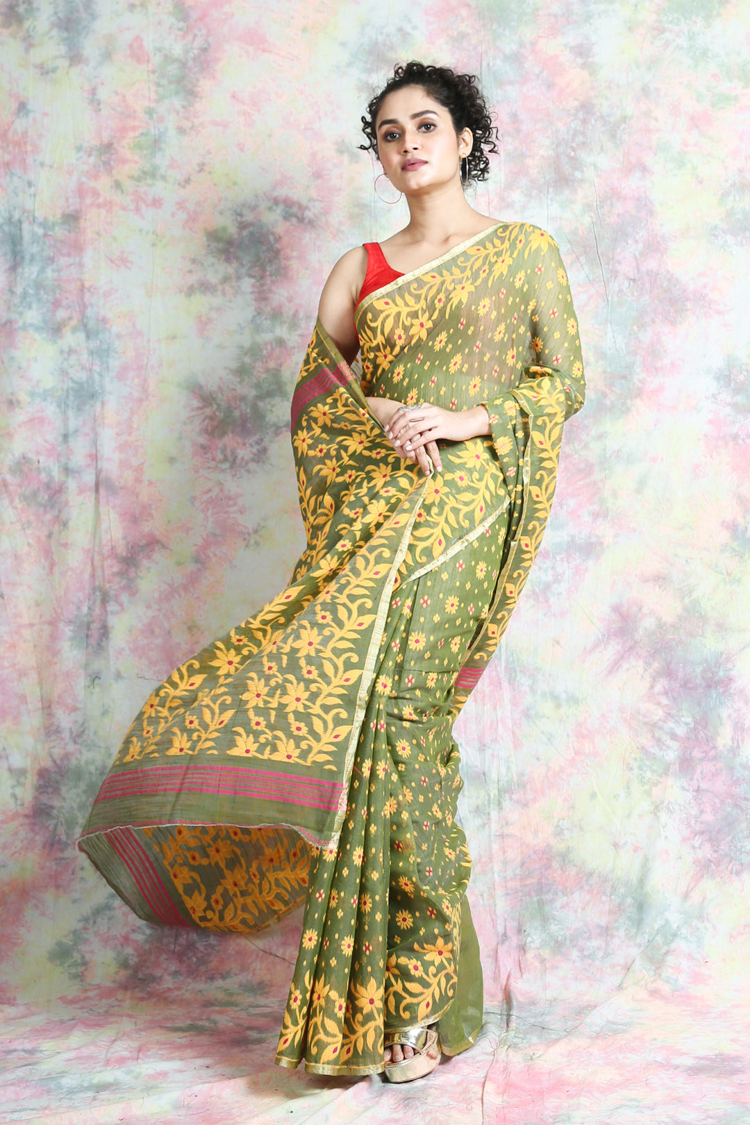 Olive Jamdani With Allover Floral Weaving
