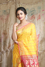Load image into Gallery viewer, Yellow Silk Cotton Handwoven Soft Saree With Allover Thread weaving
