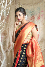 Load image into Gallery viewer, Black &amp; Red Half &amp; Half Blended Silk Handwoven Soft Saree With Allover Copper Zari Leaf Design Woven

