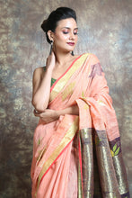Load image into Gallery viewer, Peach Cotton Tissue Handwoven Soft Saree With Allover Flower Zari Weaving
