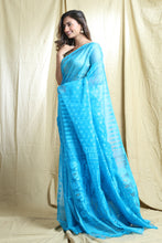 Load image into Gallery viewer, Sky Blue Silk Cotton Handwoven Soft Saree With Allover Thread Weaving
