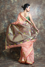 Load image into Gallery viewer, Peach Cotton Tissue Handwoven Soft Saree With Allover Flower Zari Weaving
