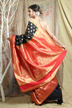 Load image into Gallery viewer, Black &amp; Red Half &amp; Half Blended Silk Handwoven Soft Saree With Allover Copper Zari Leaf Design Woven
