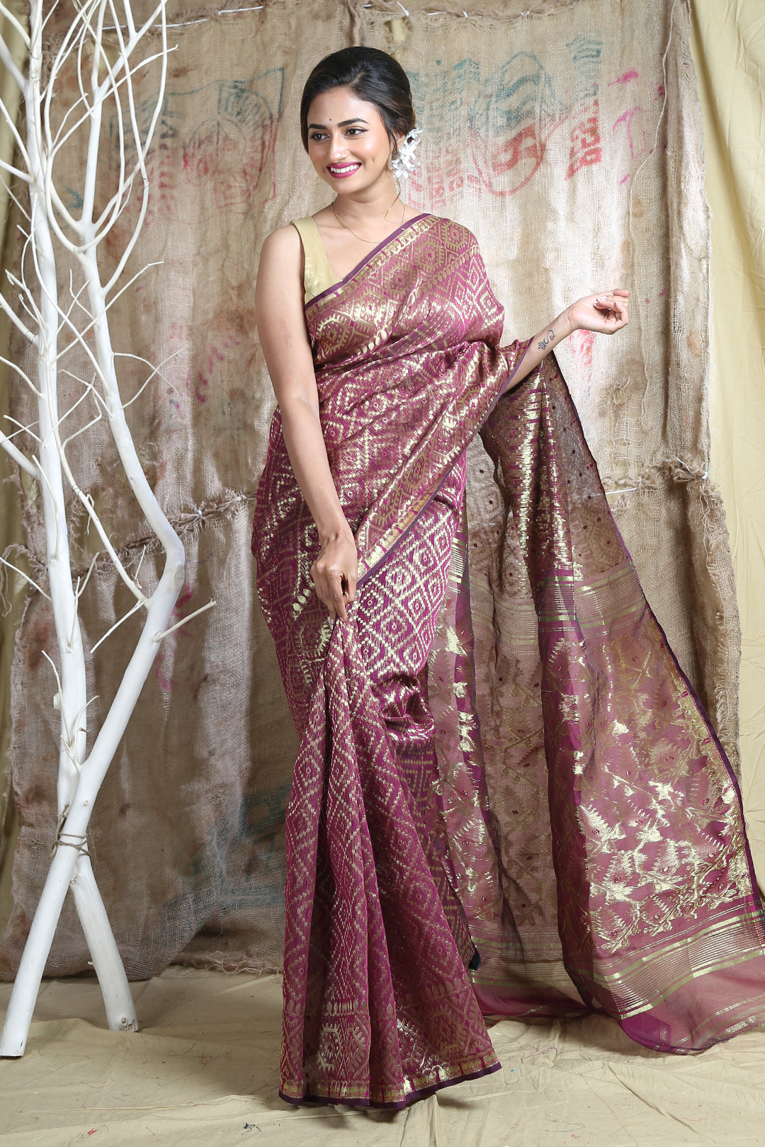 Wine Silk Cotton Handwoven Soft Saree With Allover Copper Zari Weaving