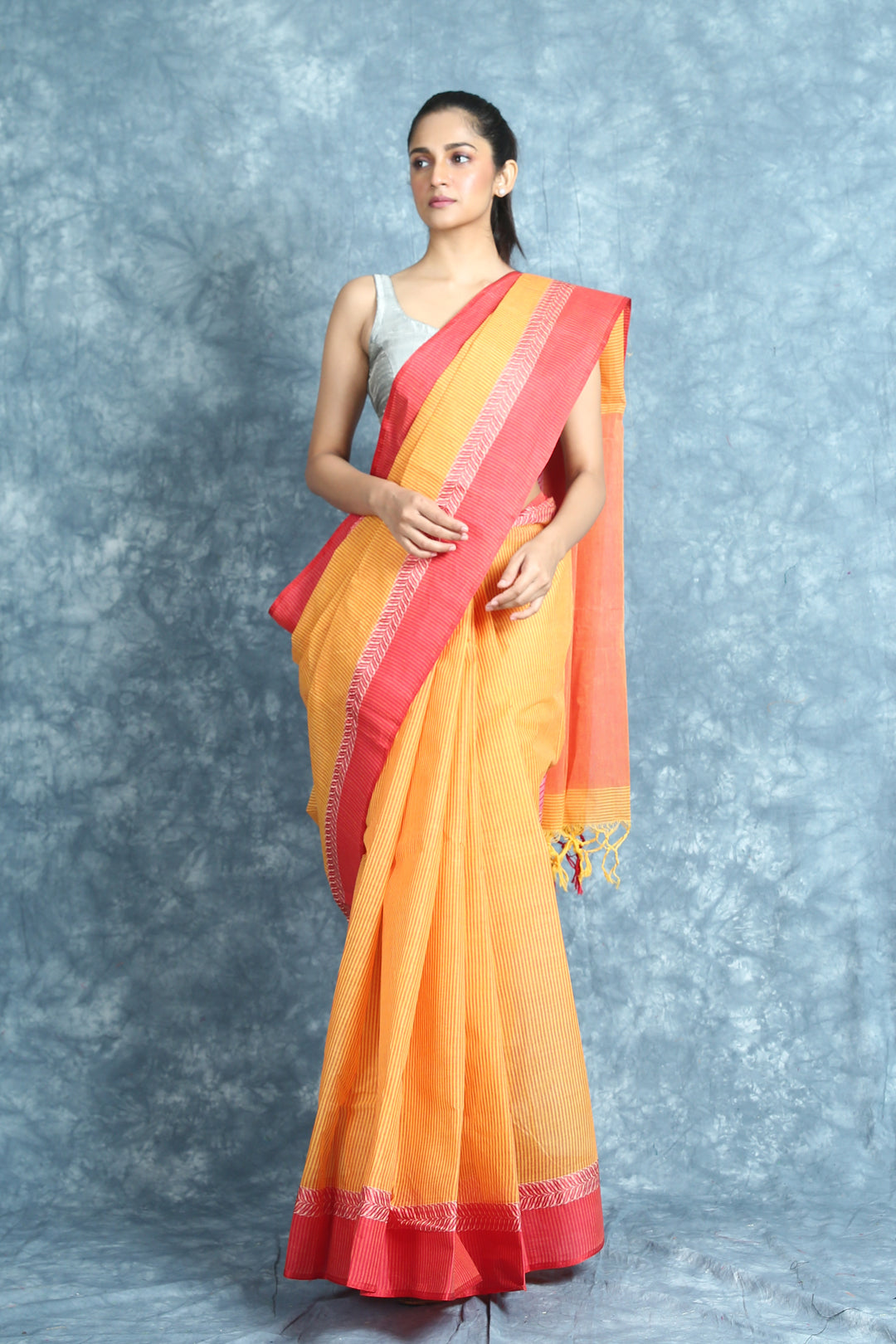 Yellow Handwoven Cotton Tant Saree With Strip Design